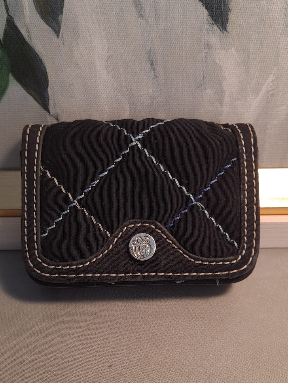 Vera Bradley Quilted Cotton Black W/White Blue Stitched Trim ID & Card Wallet